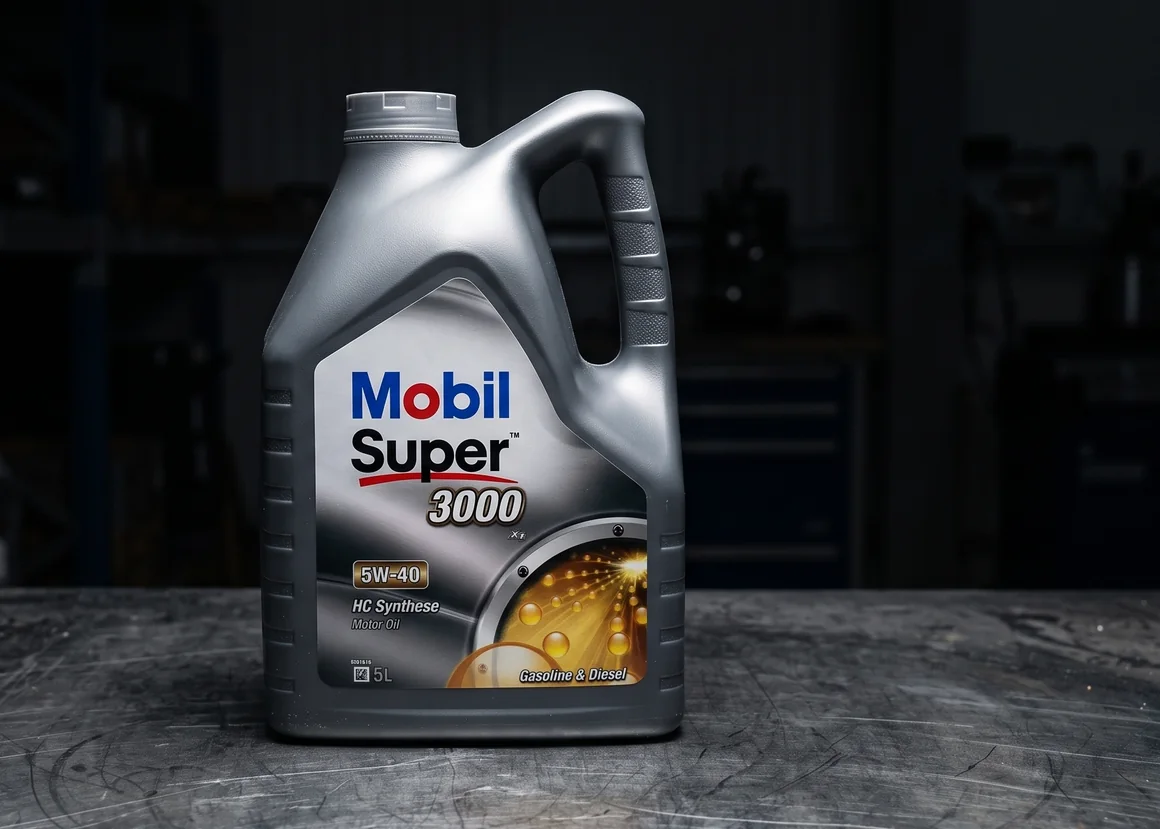 Канистра моторного масла Mobil Super 3000 5W-40 на верстаке